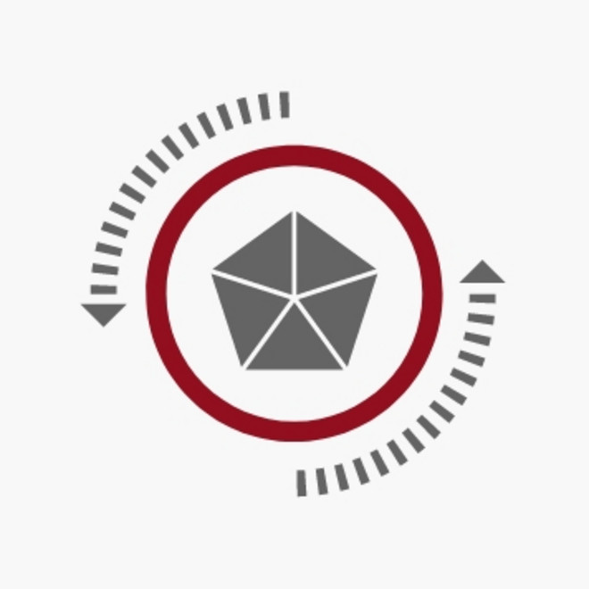 Grafik von einem Fünfeck in einem roten Kreis mit zwei kreisförmig angeordneten Pfeilen drum herum.