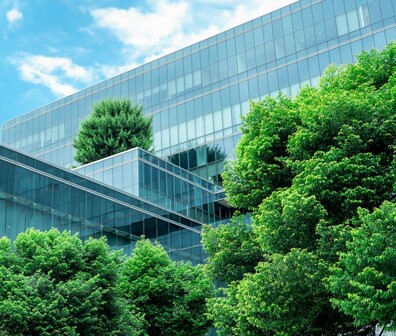 Ein Bürokomplex mit vielen grünen Bäumen davor.