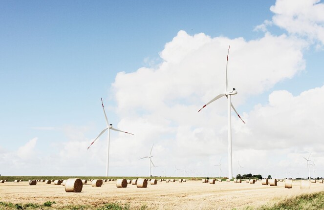 Ein rechteckiges Bild von Windmühlen auf einem Kornfeld