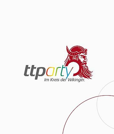 ttparty: Das ttp-Logo ergänzt durch das Wort Party und einem Wikinger im Seitenprofil.